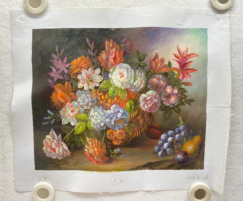 Oliver Original Oil Painting Beautiful Flower Bouquet Wicker Basket 11" x 13"   - TvMovieCards.com