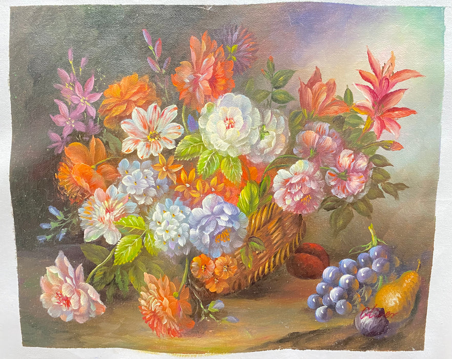 Oliver Original Oil Painting Beautiful Flower Bouquet Wicker Basket 11" x 13"   - TvMovieCards.com