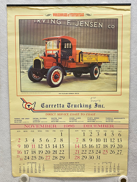 Carretta Trucking Workhorses of Yesteryear Calendar 1919 Packard Nov/Dec 1986   - TvMovieCards.com