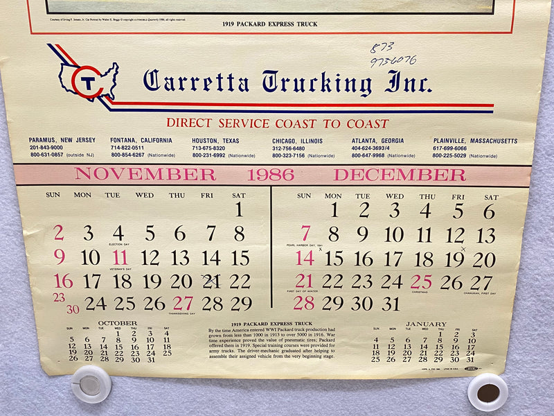 Carretta Trucking Workhorses of Yesteryear Calendar 1919 Packard Nov/Dec 1986   - TvMovieCards.com