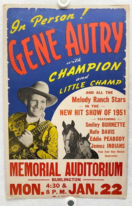 1952 Gene Autry Live Show Window Card 14 x 22 Burlington Memorial Auditorium Iow   - TvMovieCards.com