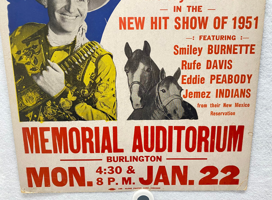 1952 Gene Autry Live Show Window Card 14 x 22 Burlington Memorial Auditorium Iow   - TvMovieCards.com