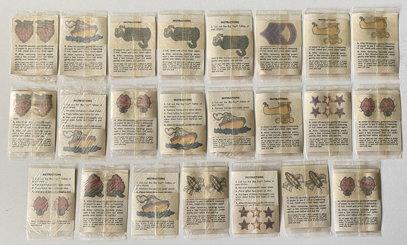 Vintage 1970 (23) Big Top Tattoo Stick On Tattoo Factory Sealed Cello Packs   - TvMovieCards.com