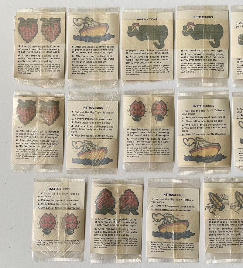 Vintage 1970 (23) Big Top Tattoo Stick On Tattoo Factory Sealed Cello Packs   - TvMovieCards.com