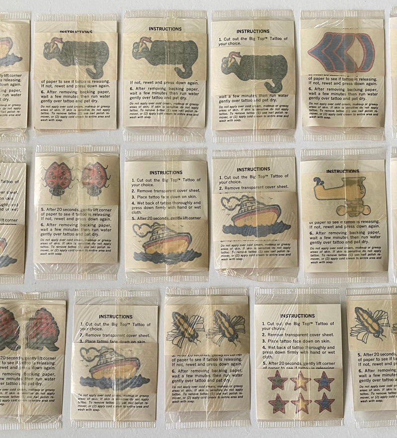 Vintage 1970 (23) Big Top Tattoo Stick On Tattoo Factory Sealed Cello Packs   - TvMovieCards.com