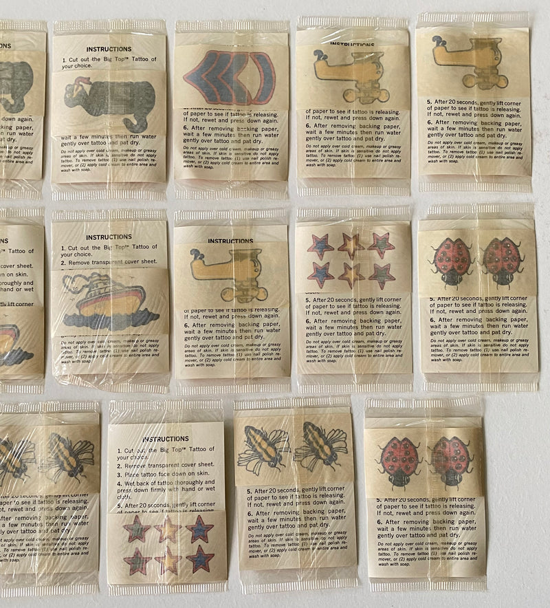 Vintage 1970 (23) Big Top Tattoo Stick On Tattoo Factory Sealed Cello Packs   - TvMovieCards.com