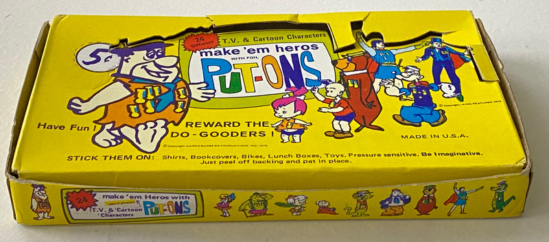 1975 Hanna Barbera Make Em Heroes Put-Ons Vintage Empty Sticker Card Box   - TvMovieCards.com