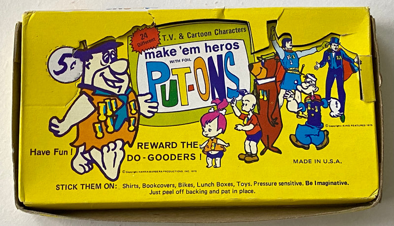 1975 Hanna Barbera Make Em Heroes Put-Ons Vintage Empty Sticker Card Box   - TvMovieCards.com