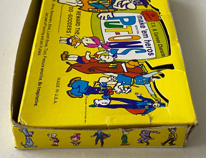 1975 Hanna Barbera Make Em Heroes Put-Ons Vintage Empty Sticker Card Box   - TvMovieCards.com