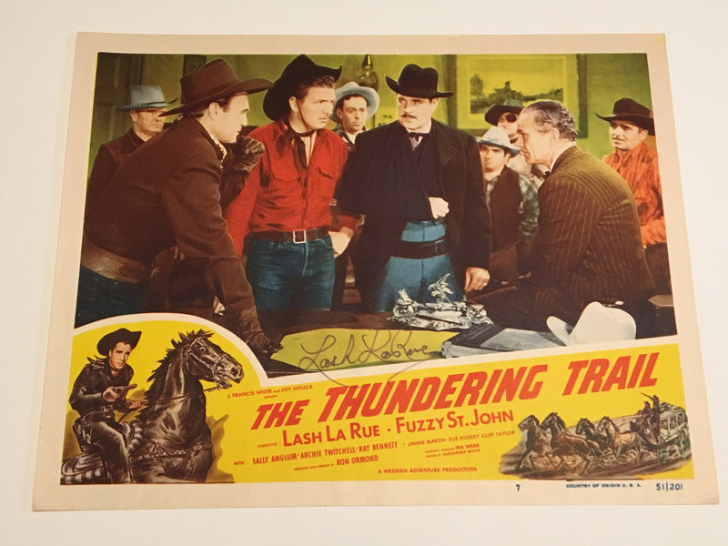 Original 1951 - Thundering Trail Lobby Card Signed by Lash La Rue   - TvMovieCards.com