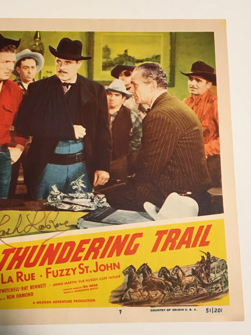 Original 1951 - Thundering Trail Lobby Card Signed by Lash La Rue   - TvMovieCards.com