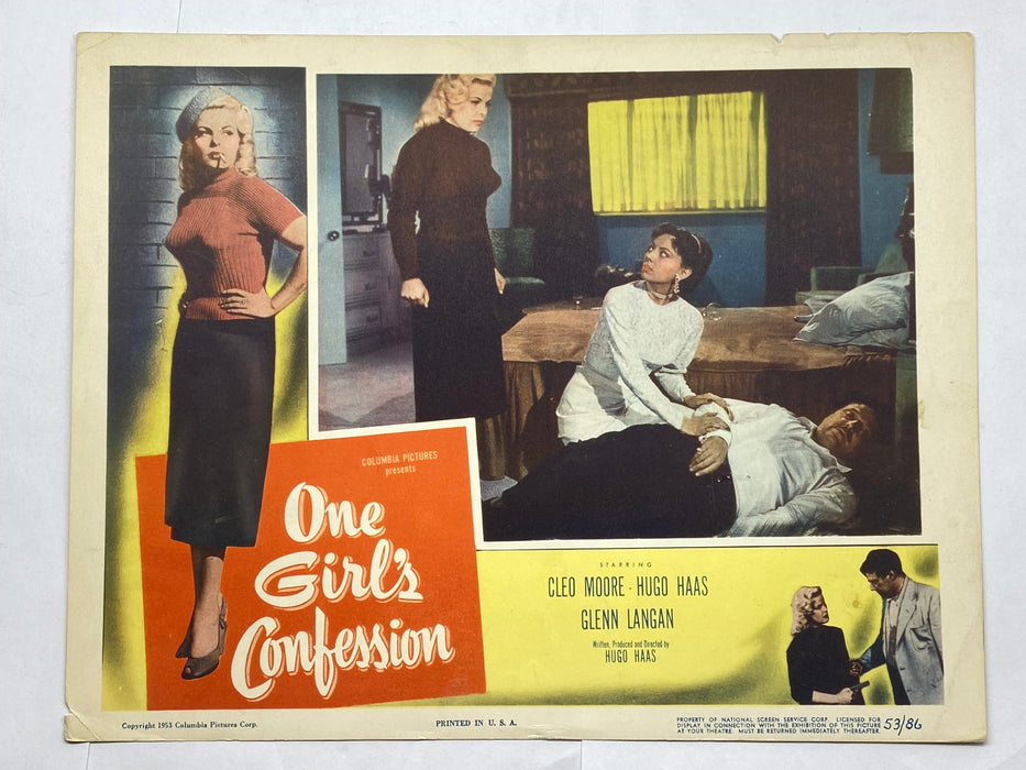 1953 One Girl's Confession Lobby Card 11x14 Cleo Moore Hugo Haas Glenn Langan   - TvMovieCards.com