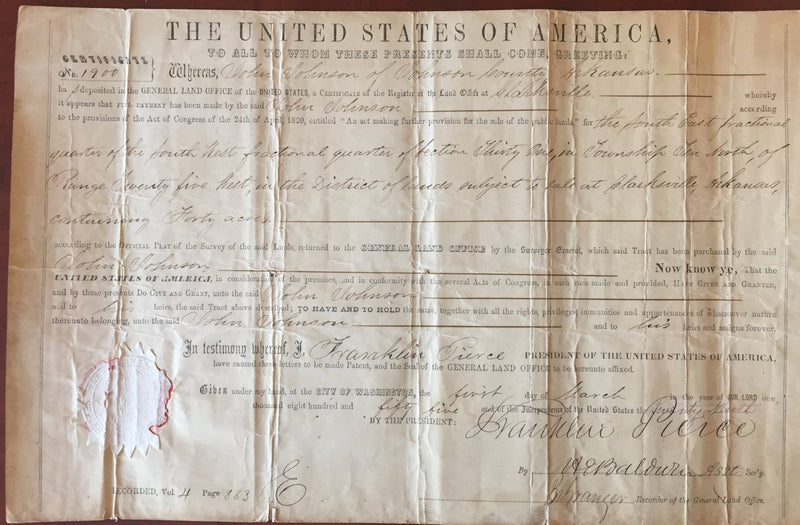 Original 1855 Signature Franklin Pierce 14th President United States Land Grant   - TvMovieCards.com