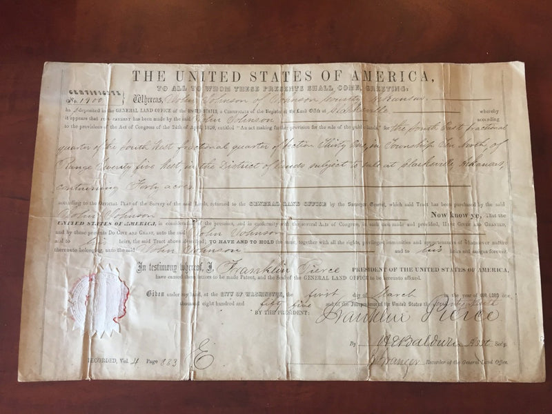 Original 1855 Signature Franklin Pierce 14th President United States Land Grant   - TvMovieCards.com