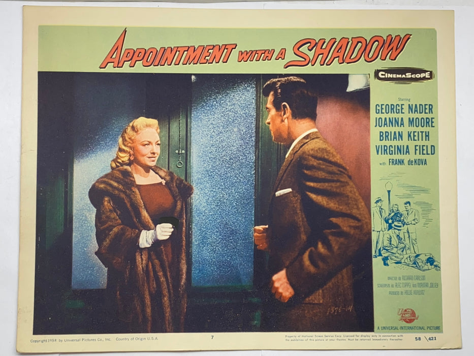 1957 Appointment with a Shadow #7 Lobby Card 11x14 George Nader Joanna Moore   - TvMovieCards.com