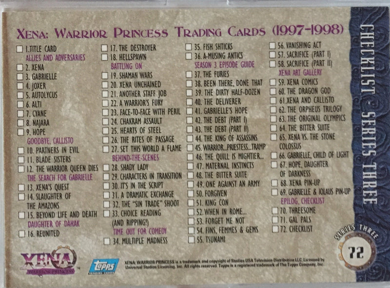 Xena Series III Three Topps Base Card Set 72 cards 1999 - TvMovieCards.com