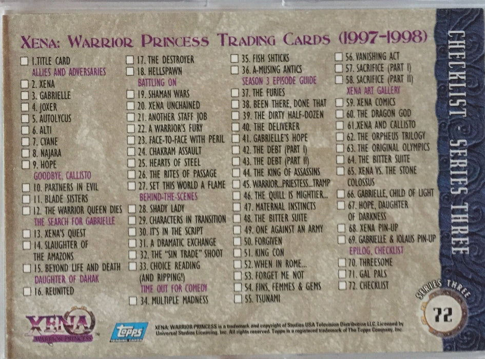 Xena Series III Three Topps Base Card Set 72 cards 1999 - TvMovieCards.com