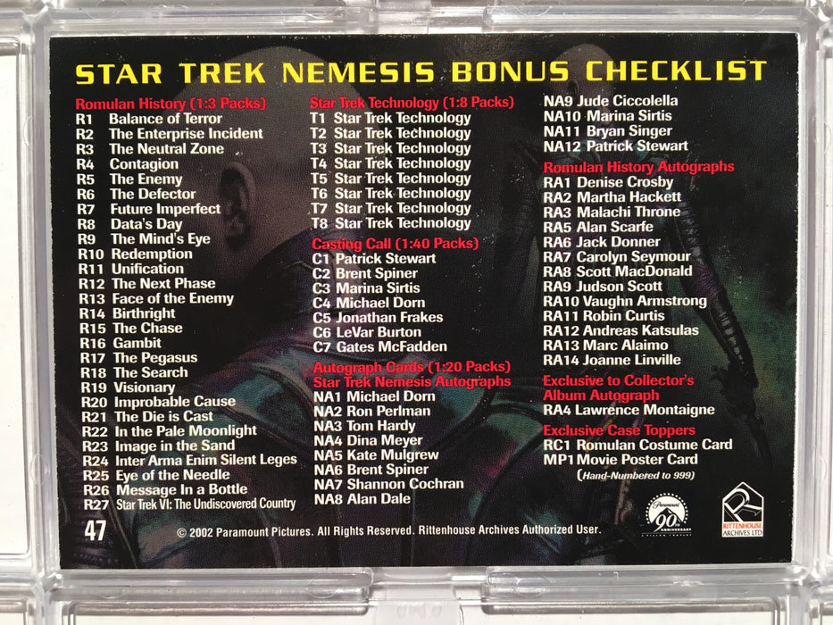 Star Trek Nemesis (72) Complete Trading Base Card Set Rittenhouse Archives 2002   - TvMovieCards.com