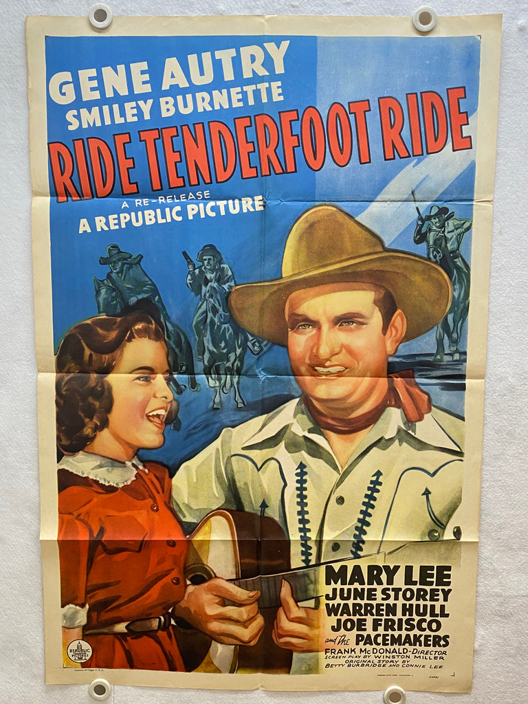 1940 Ride, Poster 1SH Ride Gene Movie Original — Smile Autry Tenderfoot