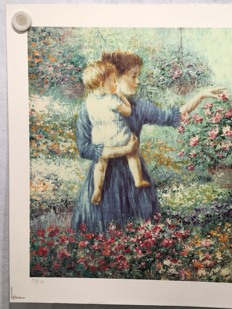 Karin Schaefers "Mother and Child in Flower Garden" Signed Lithograph Art Print   - TvMovieCards.com