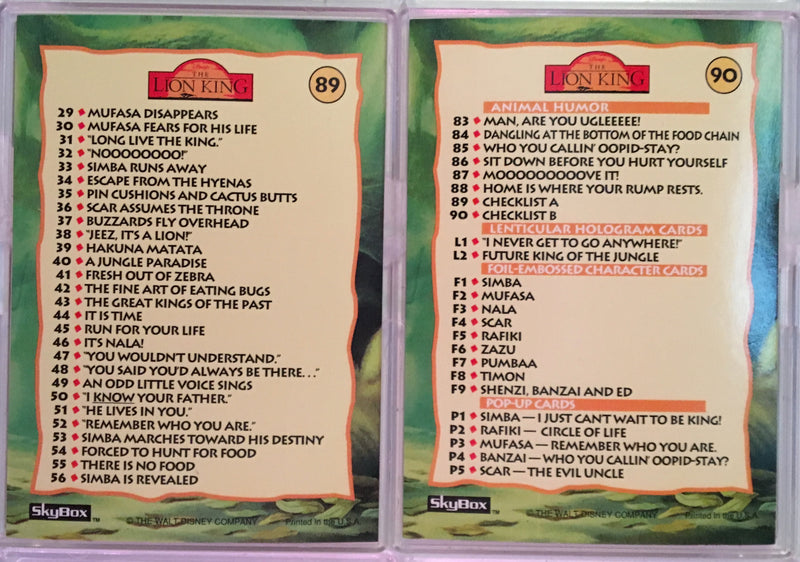 Lion King Disney Movie Series 1 Base Card Set 90 Cards Skybox 1994   - TvMovieCards.com