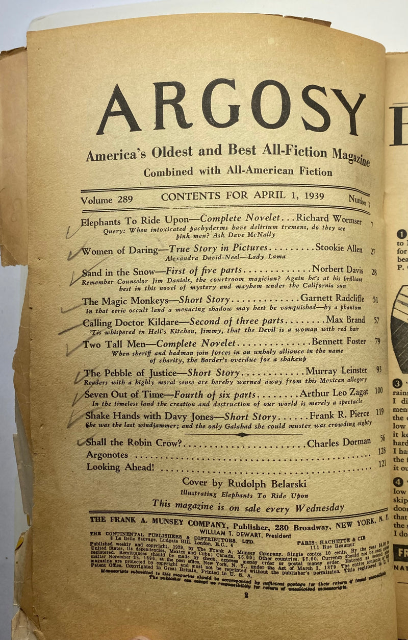 Argosy All Story Weekly April 1 1939 Sand In the Snows Norbert Davis Pulp   - TvMovieCards.com