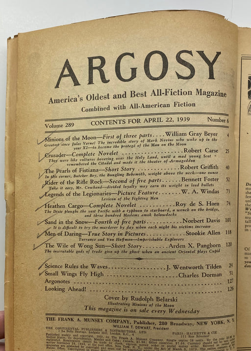 Argosy All Story Weekly April 22 1939 Pulp Minions of the Moon William Gray Brey - TvMovieCards.com