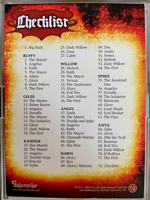 Buffy The Vampire Slayer Big Bads Base Card Set 72 Cards   - TvMovieCards.com