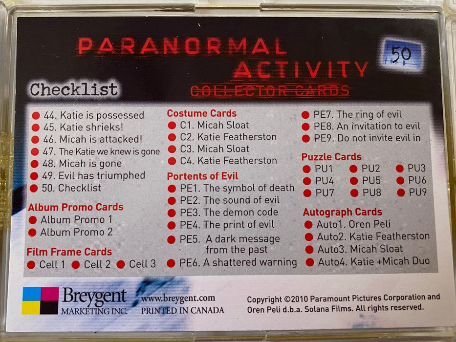 Paranormal Activity Movie Base Card Set 50 Cards Breygent 2010   - TvMovieCards.com