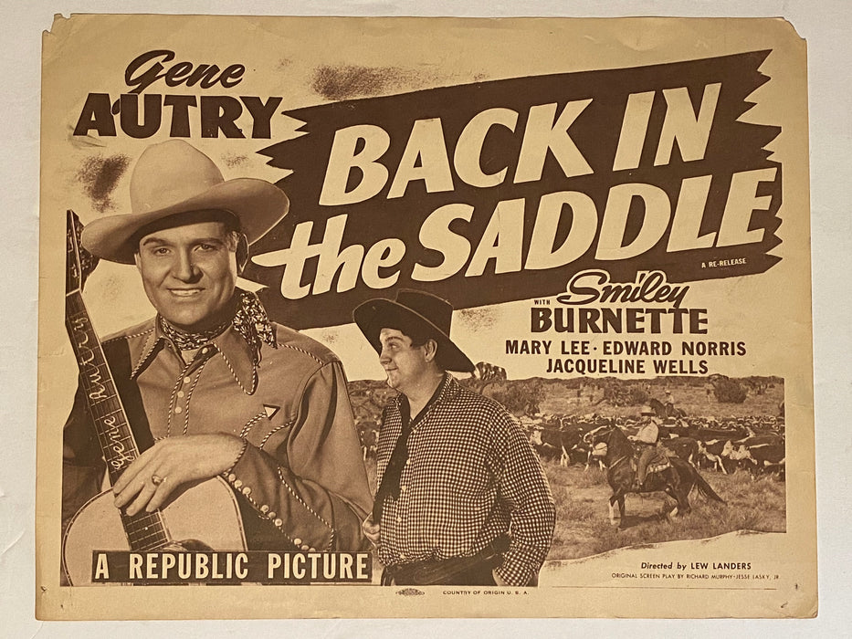 R1940s Back in the Saddle Lobby Card 11x14  Gene Autry Smiley Burnette Mary Lee   - TvMovieCards.com