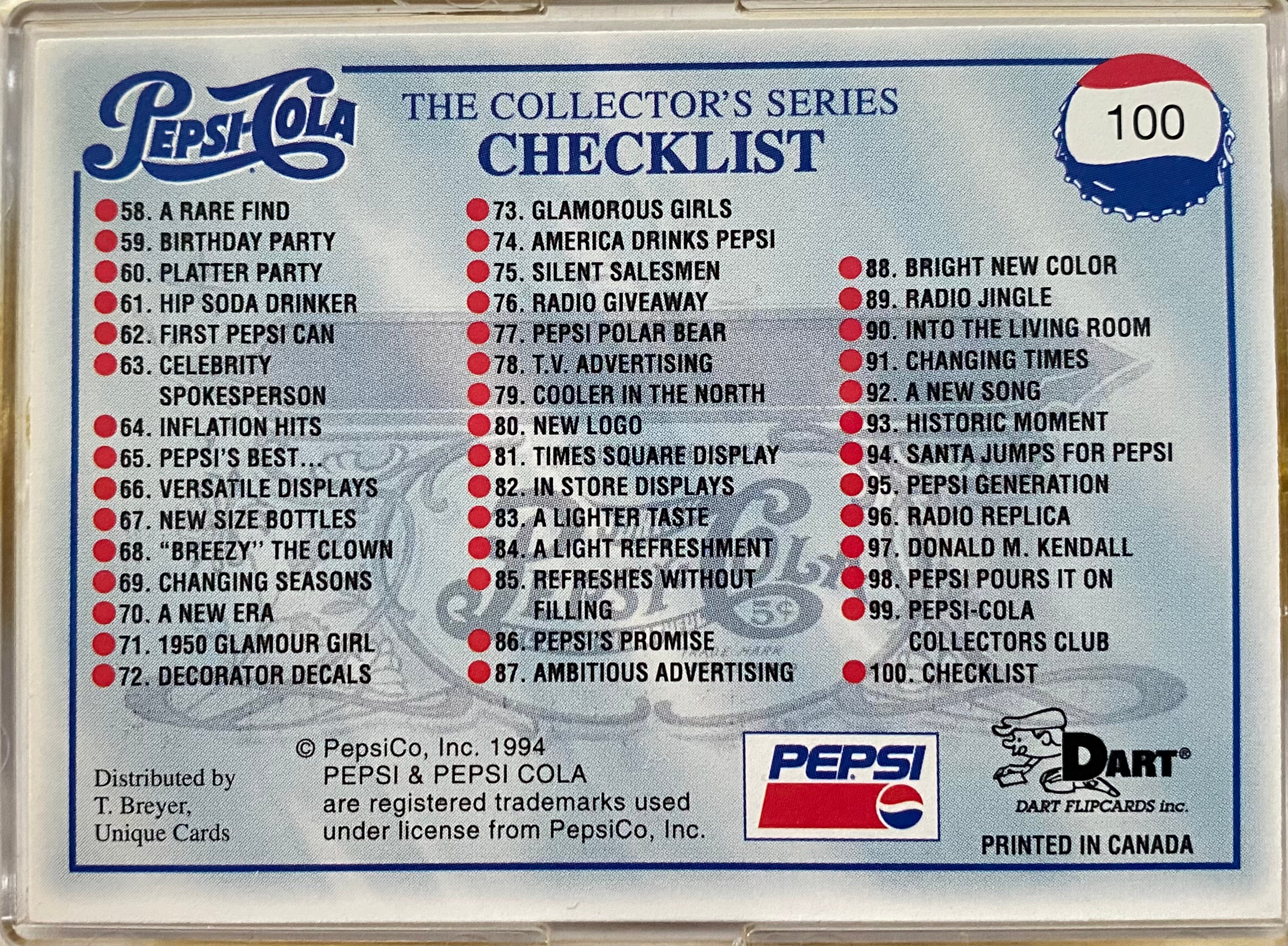1994 Pepsi-Cola: Series 1 Complete Trading Card Set 100 Cards Dart