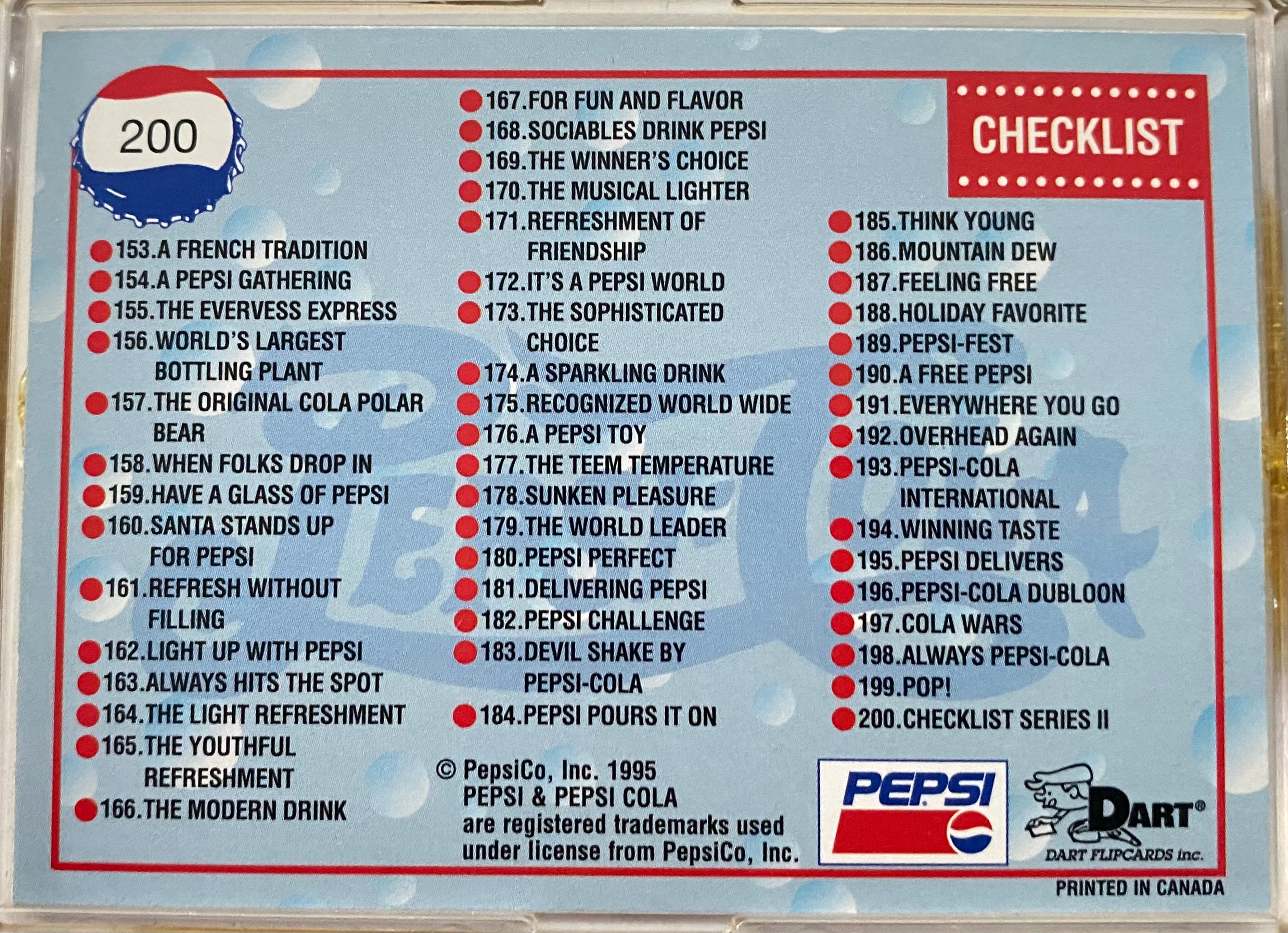 1995 Pepsi-Cola: Series 2 Complete Trading Card Set 100 Cards Dart