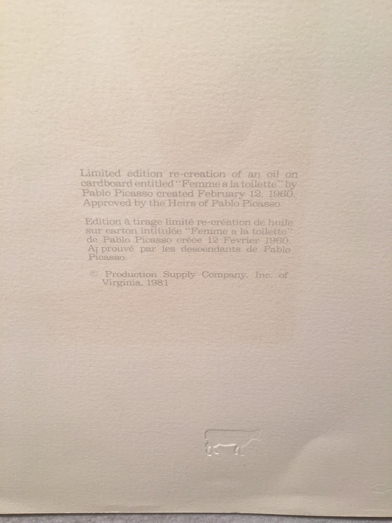 PABLO PICASSO "Femme a la Toilette" LITHOGRAPH Signed Numbered Marina Estate   - TvMovieCards.com