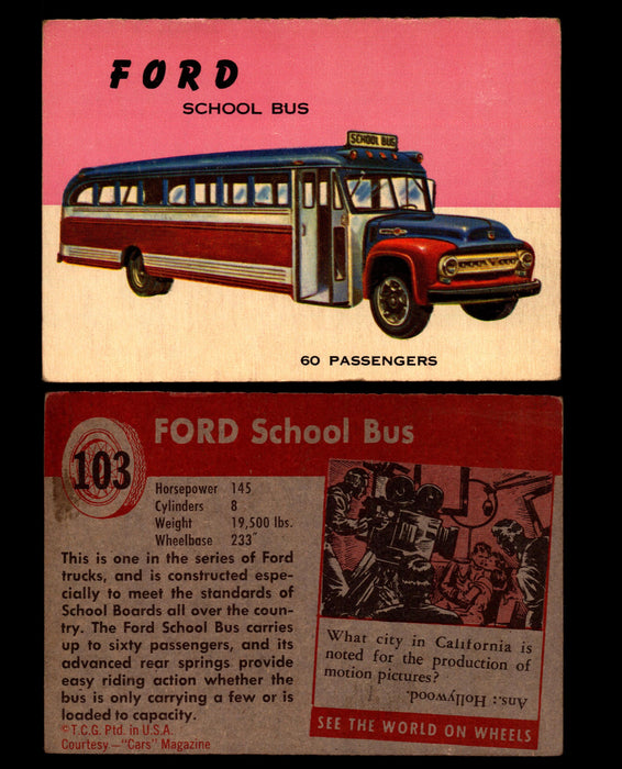 World on Wheels Topps 1954 Vintage Trading Cards #101-#160 You Pick Singles #103 Ford School Bus  - TvMovieCards.com
