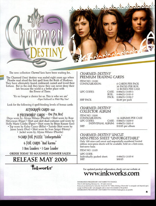 Charmed Destiny Trading Card Dealer Sell Sheet Sale Ad Inkworks 2006   - TvMovieCards.com