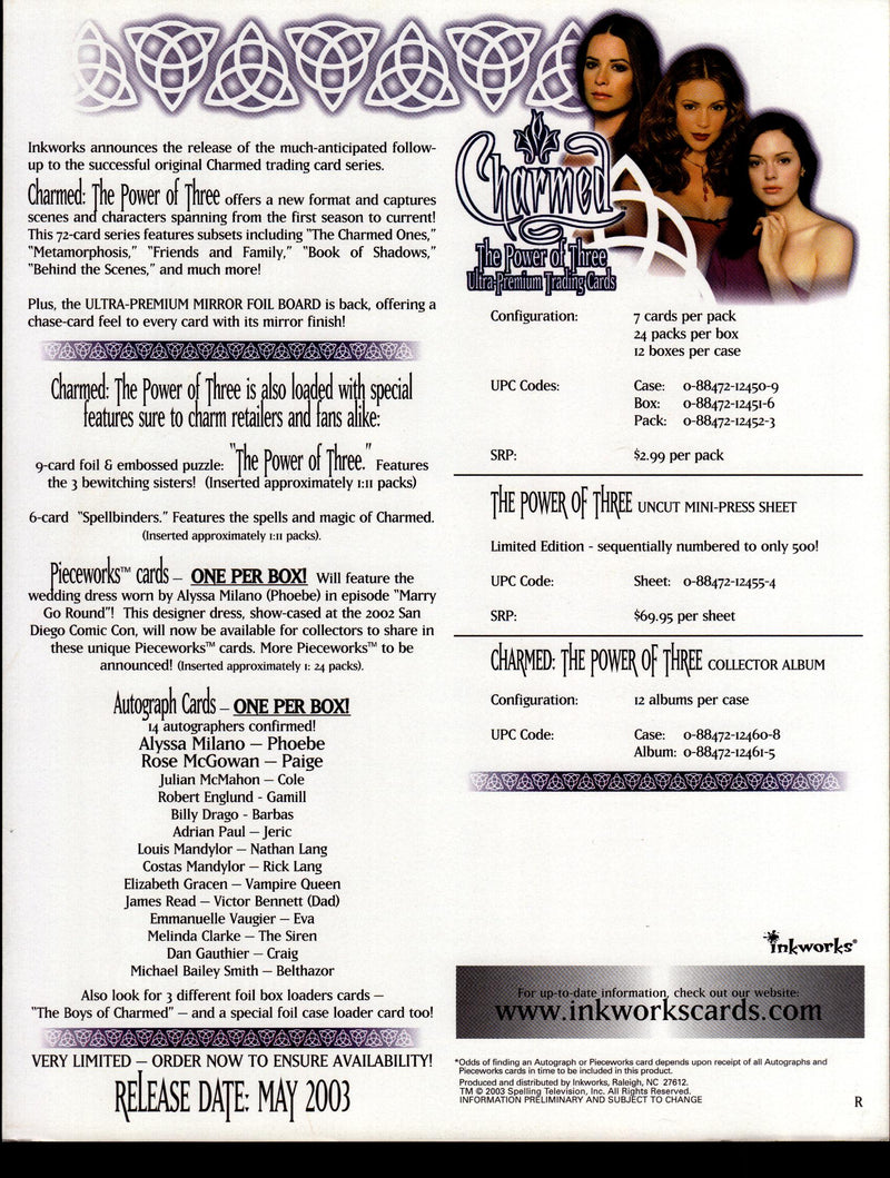 Charmed Power of Three 3 Trading Card Dealer Sell Sheet Promotional Sale 2003   - TvMovieCards.com
