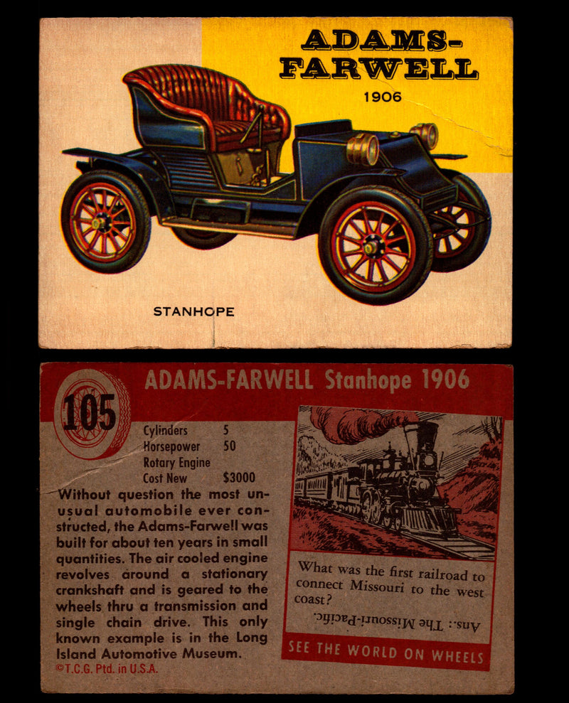 World on Wheels Topps 1954 Vintage Trading Cards #101-#160 You Pick Singles #105 1906 Adams-Farwell Stanhope  - TvMovieCards.com