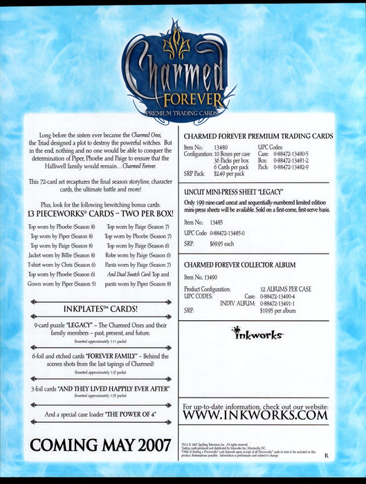 Charmed Forever Trading Card Dealer Sell Sheet Promotional Sale 2007   - TvMovieCards.com