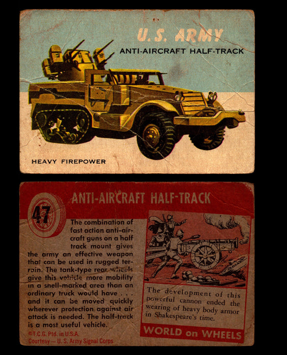 World on Wheels Topps 1954 Vintage Trading Cards #1-#100 You Pick Singles #47 U.S. Army Anti-Aircraft Half-Track  - TvMovieCards.com