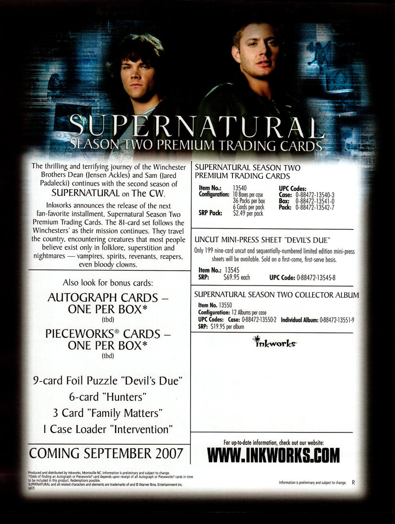 Supernatural Season Two 2 Trading Card Dealer Sell Sheet Promotional Sale 2007   - TvMovieCards.com