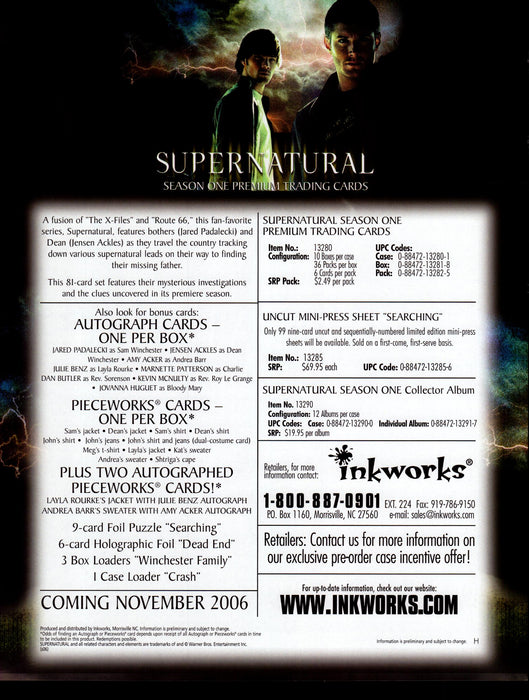 Supernatural Season One 1 Trading Card Dealer Sell Sheet Promotional Sale 2006   - TvMovieCards.com