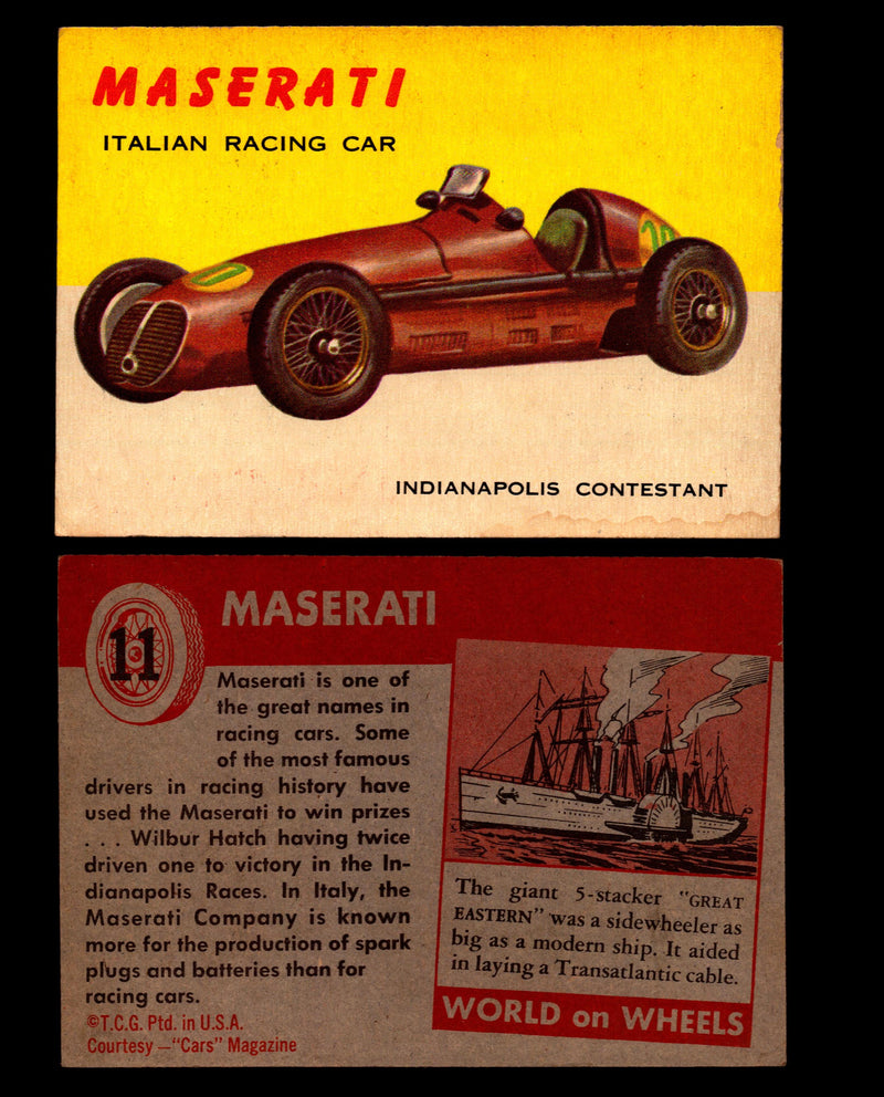 World on Wheels Topps 1954 Vintage Trading Cards #1-#100 You Pick Singles #11 Maserati Italian Racing Car  - TvMovieCards.com