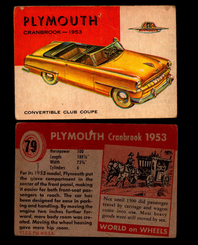 World on Wheels Topps 1954 Vintage Trading Cards #1-#100 You Pick Singles #79 1953 Plymouth Cranbrook  - TvMovieCards.com