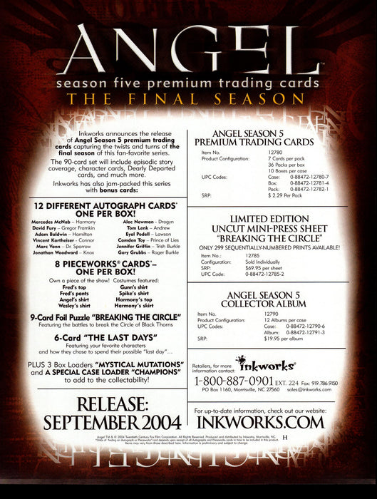 Angel Season 5 Final Season Trading Card Dealer Sell Sheet Promotional Sale 2004   - TvMovieCards.com