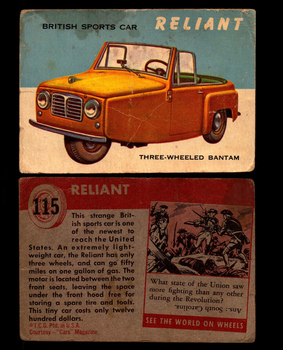 World on Wheels Topps 1954 Vintage Trading Cards #101-#160 You Pick Singles #115 Reliant Three Wheeled Bantam  - TvMovieCards.com
