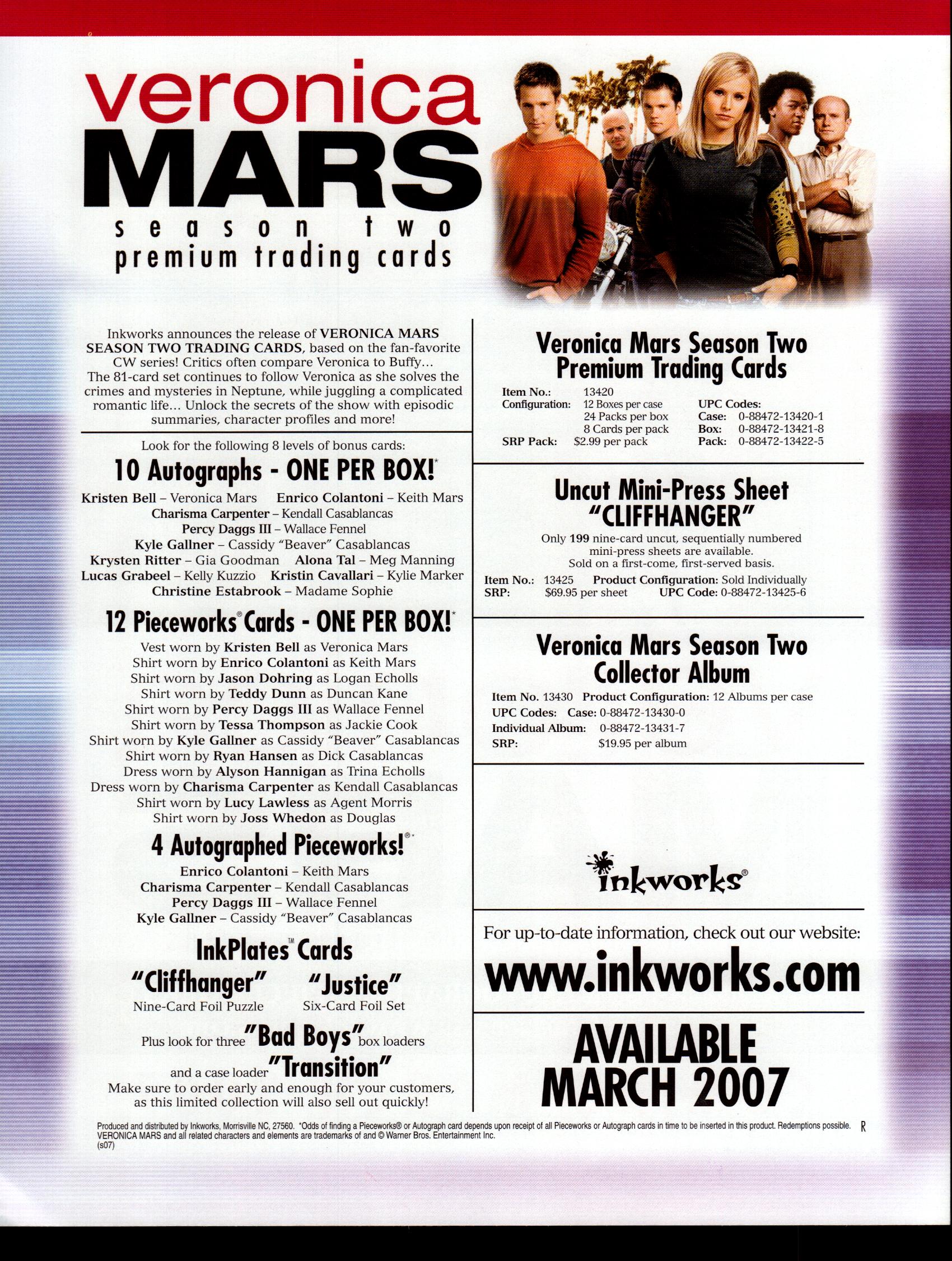 Veronica Mars Season Two 2 Trading Card Dealer Sell Sheet