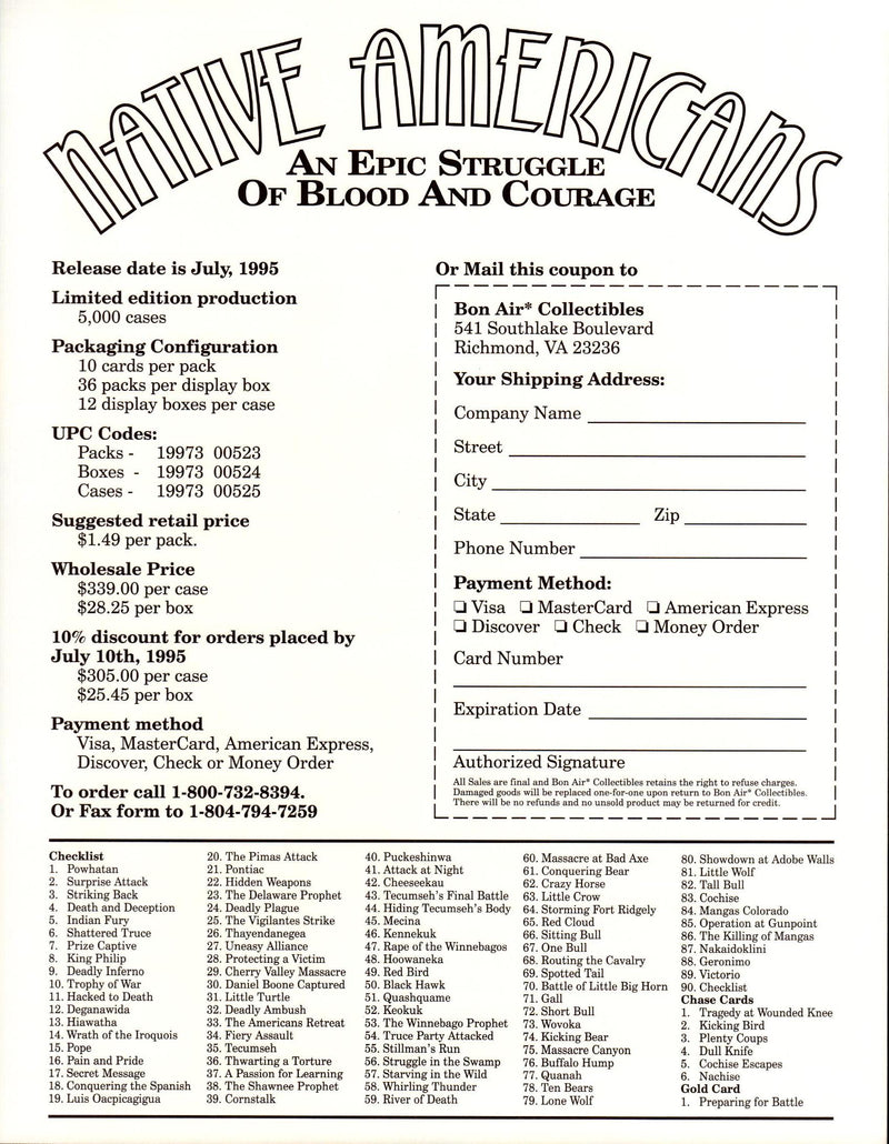 Native Americans Trading Cards Dealer Sell Sheet Sale Ad Bon Air 1995   - TvMovieCards.com