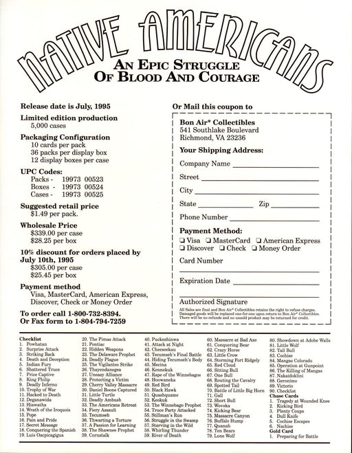 Native Americans Trading Cards Dealer Sell Sheet Sale Ad Bon Air 1995   - TvMovieCards.com