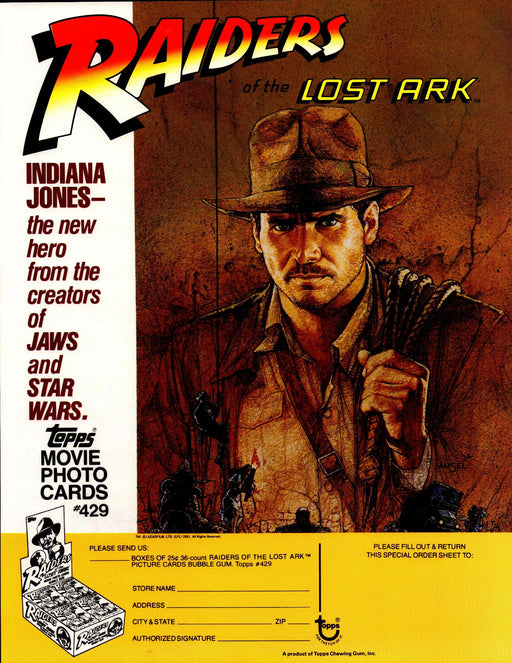 Indiana Jones Raiders of the Lost Ark Trading Cards Dealer Sell Sheet Topps 1981   - TvMovieCards.com