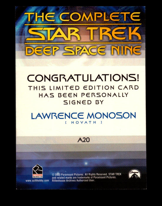 Star Trek Complete Deep Space Nine DS9 Lawrence Monoson A20 Autograph Card   - TvMovieCards.com